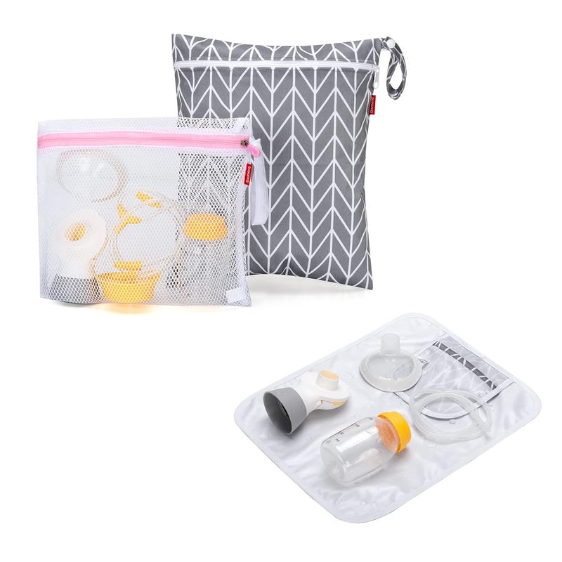Damero Breast Pump Parts Bag, Wet Dry Breast Pump Parts Bag, Pumping Bag with Waterproof Mat and Mesh Bag, Gray Arrow - Image 1